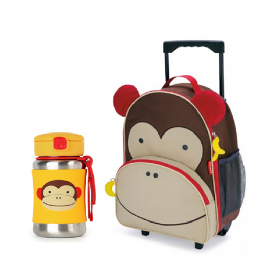 Skip Hop Zoo Rolling Backpack & Stainless Steel Straw Bottle -Monkey