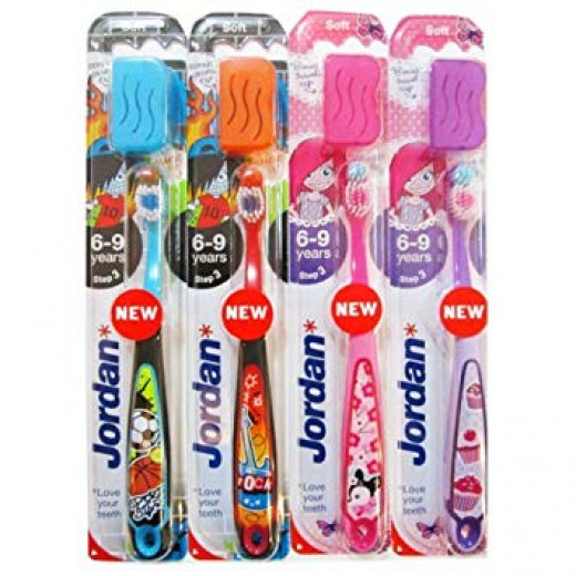 Jordan Children's Toothbrush Jordan Step 3 (6-9 years) Soft Brush with a Cap for Travel - زهري