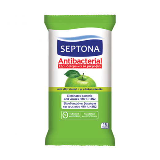 Septona Antibacterial Hand Wipes with Green Apple Fragrance, 15 Pieces