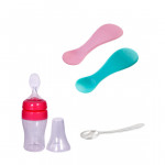 Farlin Package ( Farlin Silicone SpoonS + Stainless Steel Training Spoon - Silver + Farlin 150 Wide Neck Transbottle Silicone Feeder (Pink) )