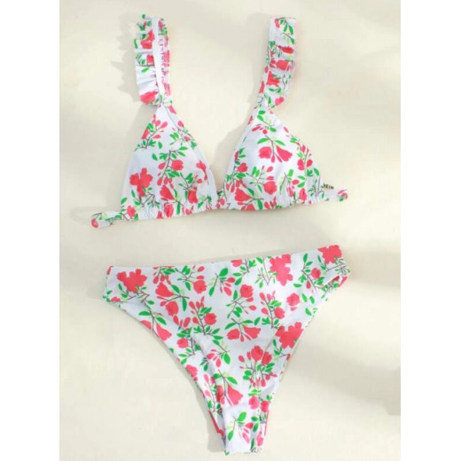 Floral Ruffle Trim Bikini Swimsuit, Size Medium