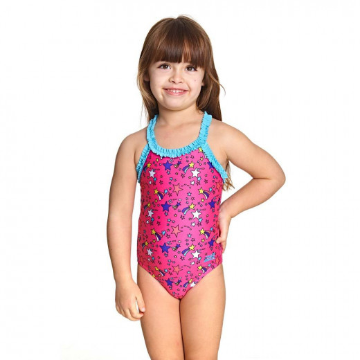 Zoggs Girls Rainbow Star Ruffle Crossback One Piece, Size 6, 5-6 Years