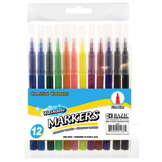 أقلام ماركرذات 12 لونًا كلاسيكية ذات خطوط رفيعة قابلة للغسل بازيك