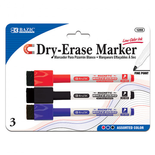 Bazic Magnetic Dry-Erase Markers (3/Pack), Assorted Color