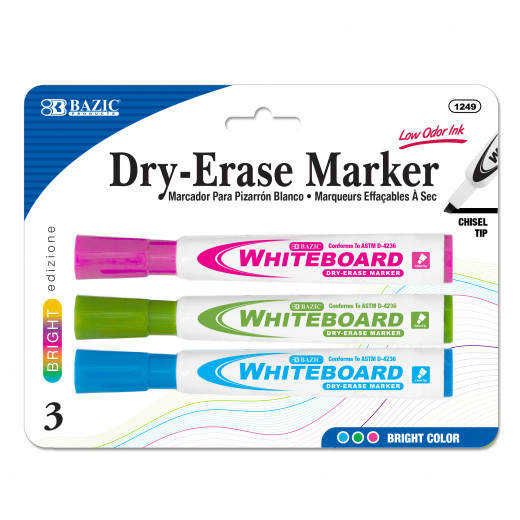 Bazic Bright Color Chisel Tip Dry-Erase Markers (3/Pack)