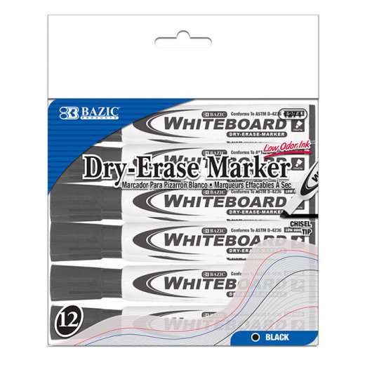 Bazic Black Chisel Tip Dry-Erase Markers (12/Pack)