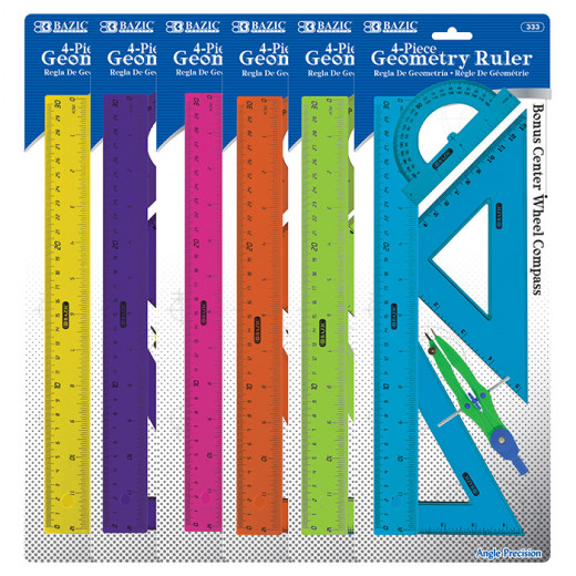 Bazic Geometry Ruler Combination Sets With Center Wheel Compass 4-Piece