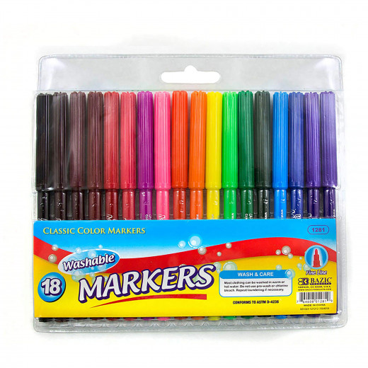 أقلام تلوين برأس رفيعة 18 لونًا من بازيك قابلة للغسل