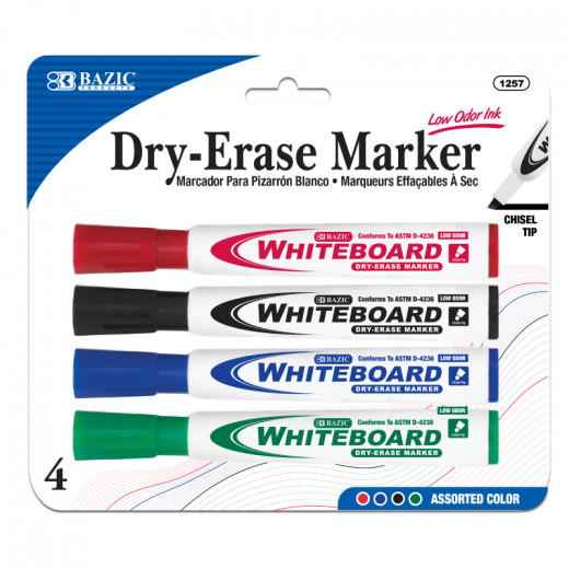 BAZIC Assorted Colors Chisel Tip Dry-Erase Markers (4/Pack)