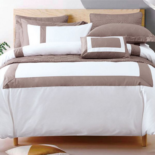 Nova Home Hotel Patch Duvet Cover Set, Cotton, 330 Thread Count, 7 Pieces, King Size, White & Taupe Color