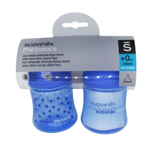 Suavinex The Basics Baby Bottles, Blue Color, Pack Of 2 Pieces, 150 Ml