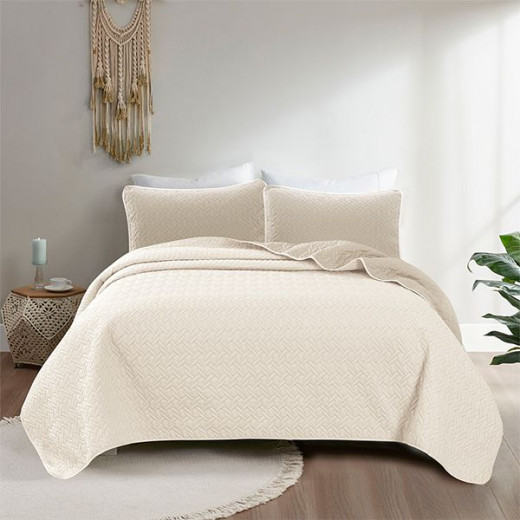 Nova home cross double face bedspread set, beige and ivory color, king size, 4 pieces