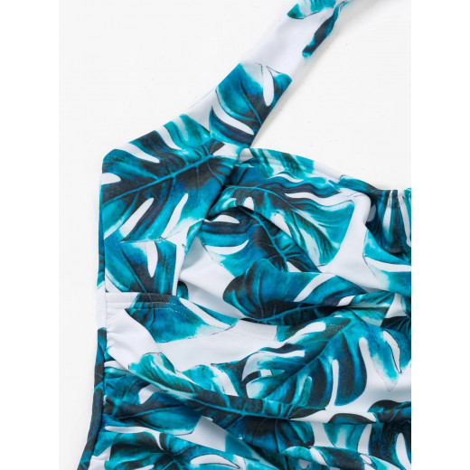 Tropical Print Ruffle Hem Halter Bikini Swimsuit, Blue Color, 2 Pieces