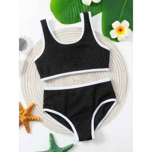 Baby Contrast Binding Textured Bikini Swimsuit, Black and White Color