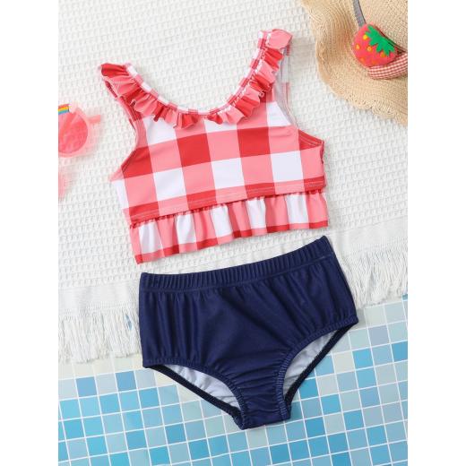 Baby Girl Bikini Swimsuit, Plaid Frill Trim