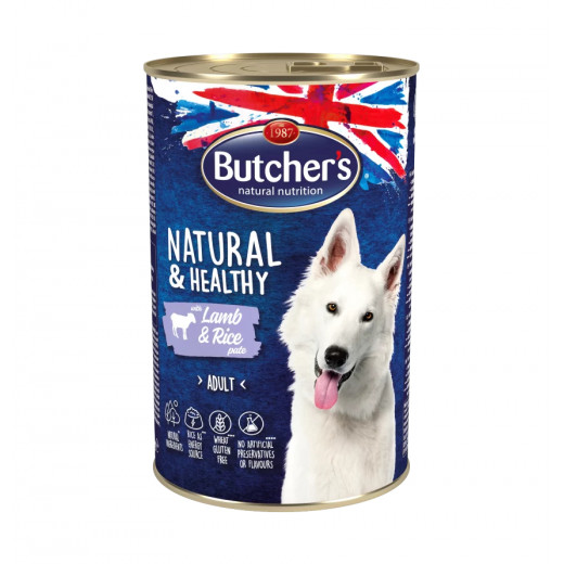 طعام الكلاب طبيعي وصحي بنكهة لحم الضأن والأرز، 390 جرام من بوتشرز