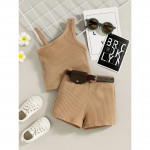 Baby Asymmetrical Neck Tank Top & Shorts & Belt Bag, Brown Color