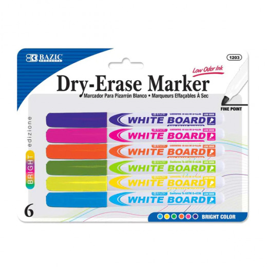 Bazic Fine Tip Dry Erase Marker, Bright Color, 6 Pieces