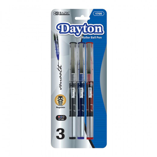 Bazic Dayton Rollerball Pen Metal Clip,Assorted Color, 3 Pack