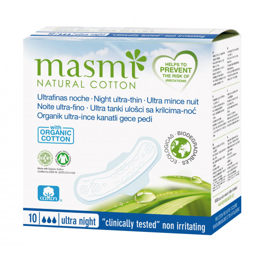Masmi Ultrathin Night Pads With Wings, Organic Cotton, 10 Pieces