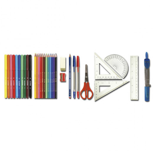 Alpino Double Zipper Pencil Case With Stationery Set, 34 Pieces