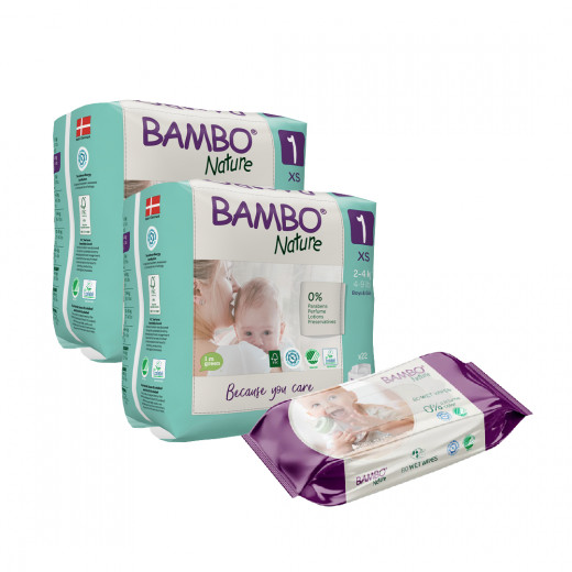 Bambo Nature Diapers, Size 1, 2-4 Kg, 22 Diapers, 2 Packs + Bambo Nature Wet Wipes, 80 Wipes