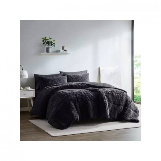 Nova Home Malea Winter Long Shaggy Fur Comforter, Black Color Twin Size, 4 Pieces