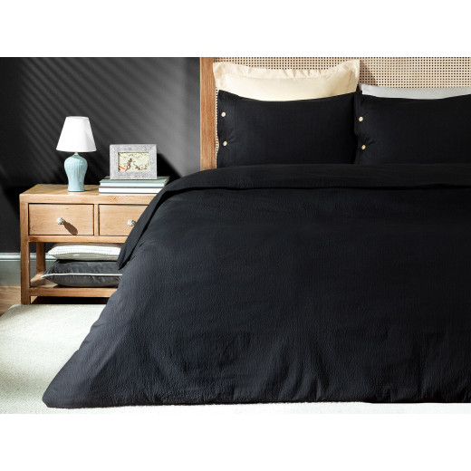 Madame Coco Linda Single Size Duvet Cover Set-Washed seersucker (160*220+160*240+50*70)cm, Black