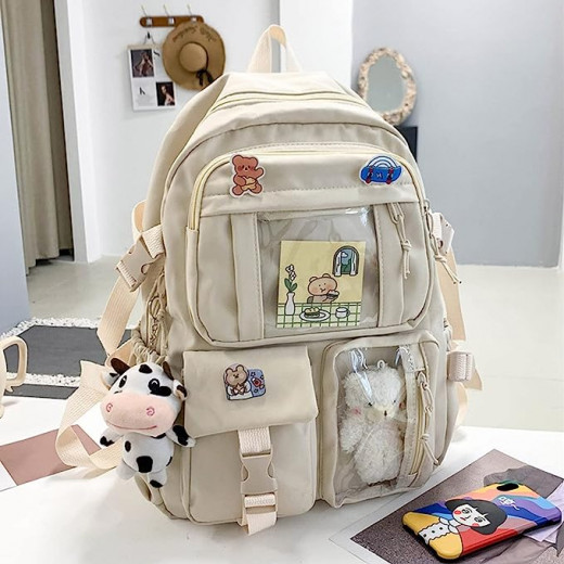 Students Kid Children School Backbag With Pins And Bear Badge, Beige Color