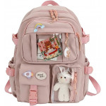 Students Kid Children School Backbag With Pins And Bear Badge, Pink Color