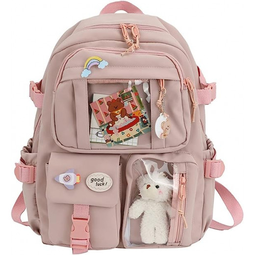 Students Kid Children School Backbag With Pins And Bear Badge, Pink Color