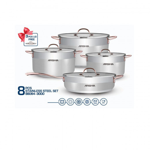 Arshia Premium Double Lid Copper stainless Steel Cookware 8 Piece Set , Interchangable double lid glass and a stailess steel.