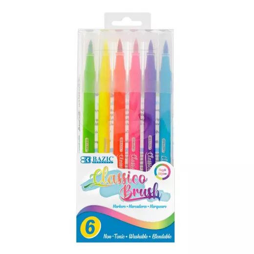Bazic Brush Markers Fluorescent Colors Washable, 6 Pieces