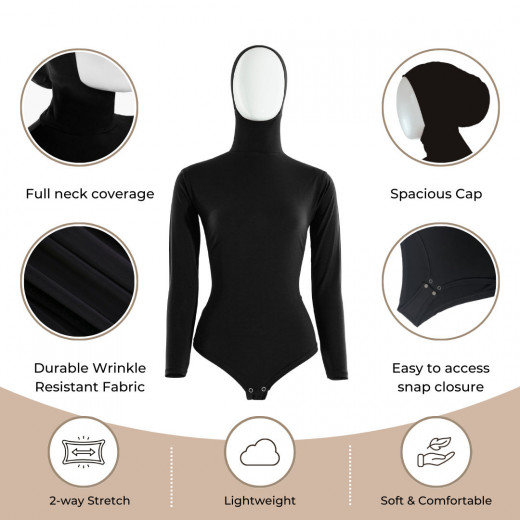 RUUQ Women's Bodysuit Long Sleeve with Hijab Cap - Black - Medium