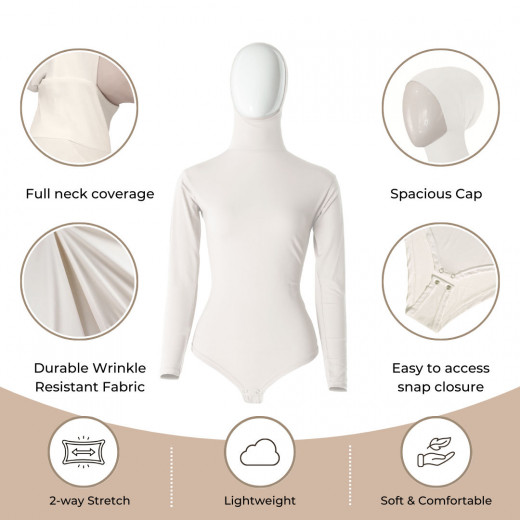 RUUQ Women's Bodysuit Long Sleeve with Hijab Cap - Ivory - Medium