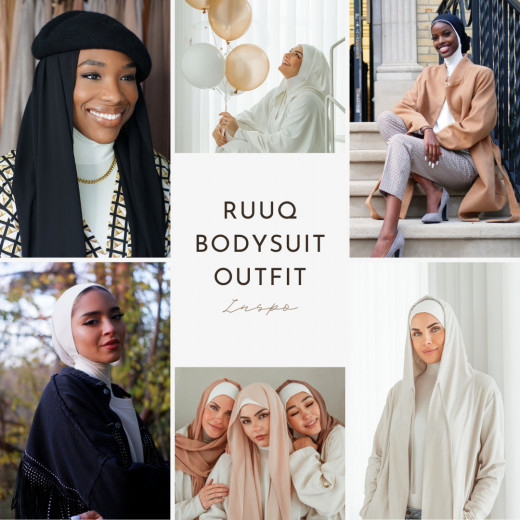 RUUQ Women's Bodysuit Long Sleeve with Hijab Cap - Ivory - Medium