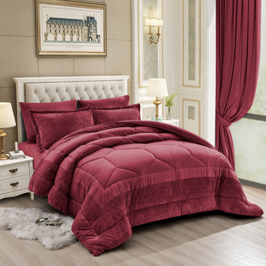 Nova home bee cell embossed flannel winter comforter set - single/twin- burgandy 4 pcs