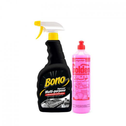 Bono Multi-Purpose Remover 1L + Golden Dishwashing Liquid, Pink, Small 500 gm (pills)