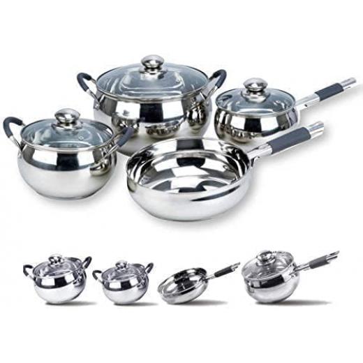 Royalford RF5123 Cookware Set of 7, Highly Durable Design, Tempered Glass Lid, PFOA Free, Silver, Stainless Steel