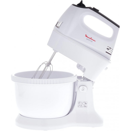 Moulinex Quick Mix Hand Mixer With Plastic Stand Bowl, 300 Watts, White, Hm311127