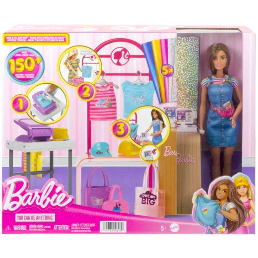 Barbie Make and Sell Boutique Playset with Brunette Doll, Foil Design Tools, Clothes and Accessories