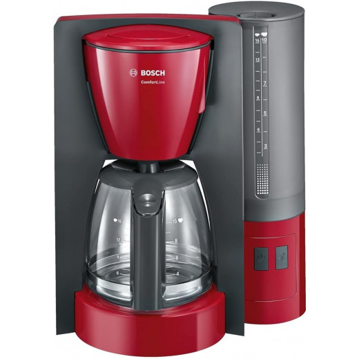 Bosch Comfort Line TKA6A044 Coffee Machine, Flavor Protection Glass Jug, Automatic Limit Switch, Programmable to 20/40/60 Minutes, 1200 W, Red /