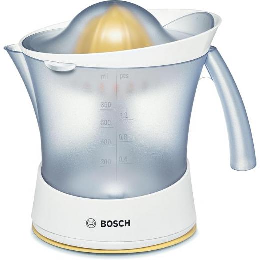 Bosch VitaPress  citrus juicer, universal press cone for small and large fruits, pulp control, high juice yield, 0.8 l juice container, dishwasher-safe, 25 W, white/yellow