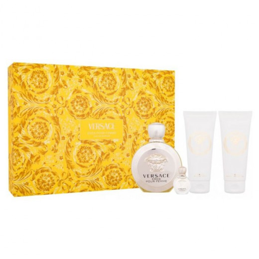 Versace Eros EDP 100Ml + EDP 5Ml + Body Lotion 100Ml + Bath & Shower Gel 100Ml Gift Set For Women