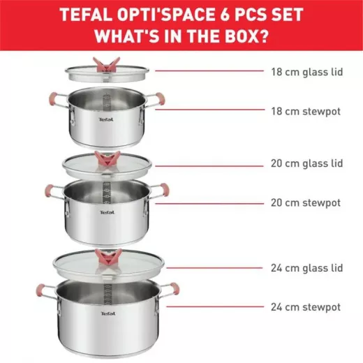 Tefal Optispace Steel Cookware Set - 6 Pieces