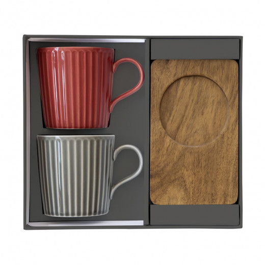 Set of Two 380ml Porcelain Mugs with Acacia Saucers in Red and Gray Gift Box