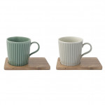 Set of Two 380ml Porcelain Mugs with Acacia Saucers in Green and White Gift Box