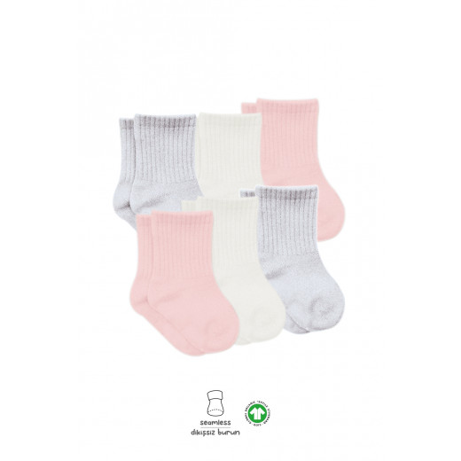 Bistyle Basic 6-Pairs Combed Flat Quarter Socks (0-6 m) (Pink, Grey, Beige)