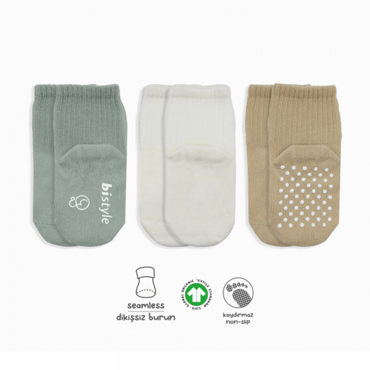 Bistyle Organic 3-Pairs Basic Non-slip Socks (0-6 m) (Green, Brown, Beige)