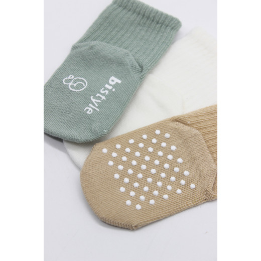 Bistyle Organic 3-Pairs Basic Non-slip Socks (0-6 m) (Green, Brown, Beige)